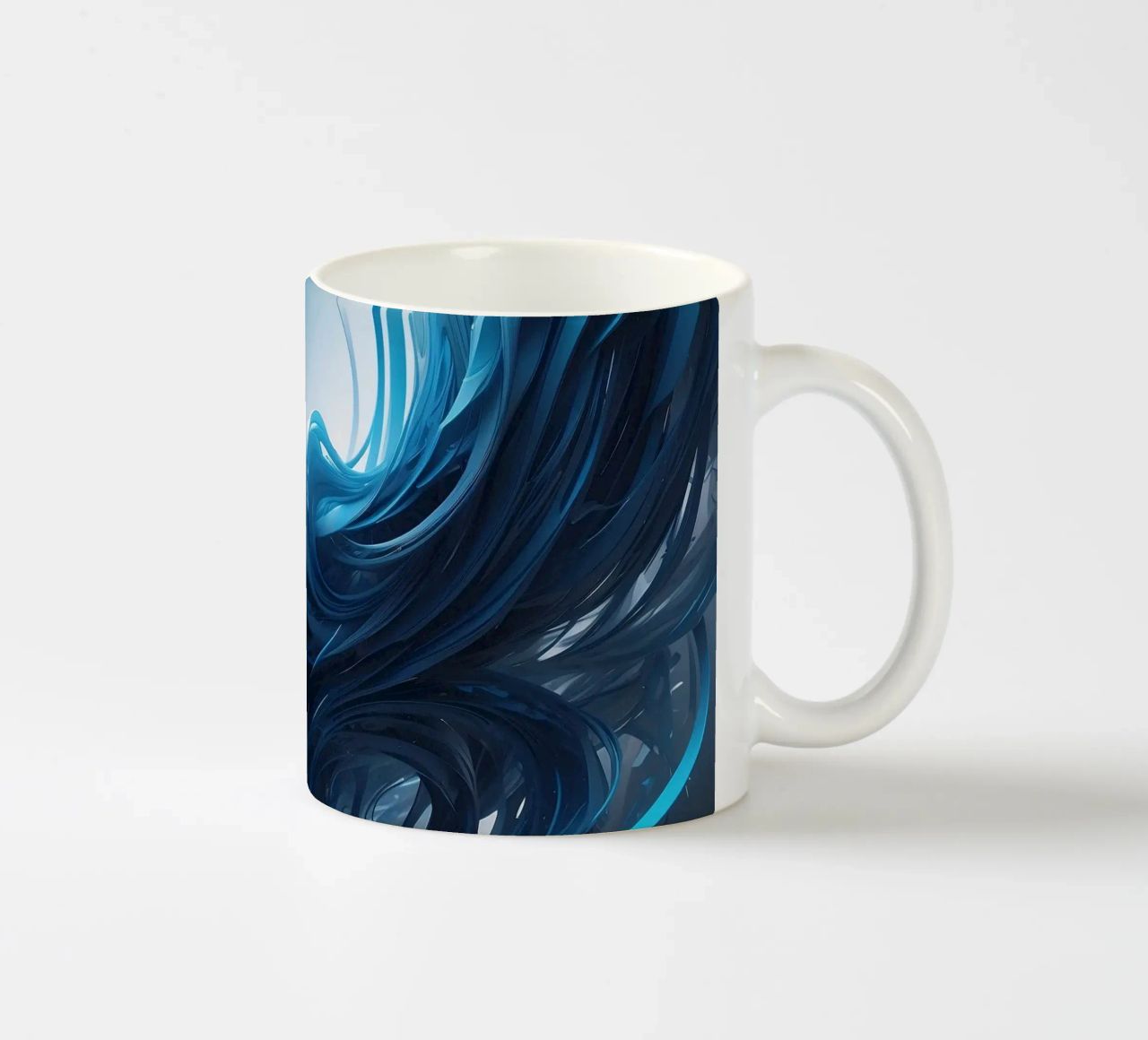 Flowing blues create an abstract wave effect in dynamic art ceramic mug by DesignDoodle