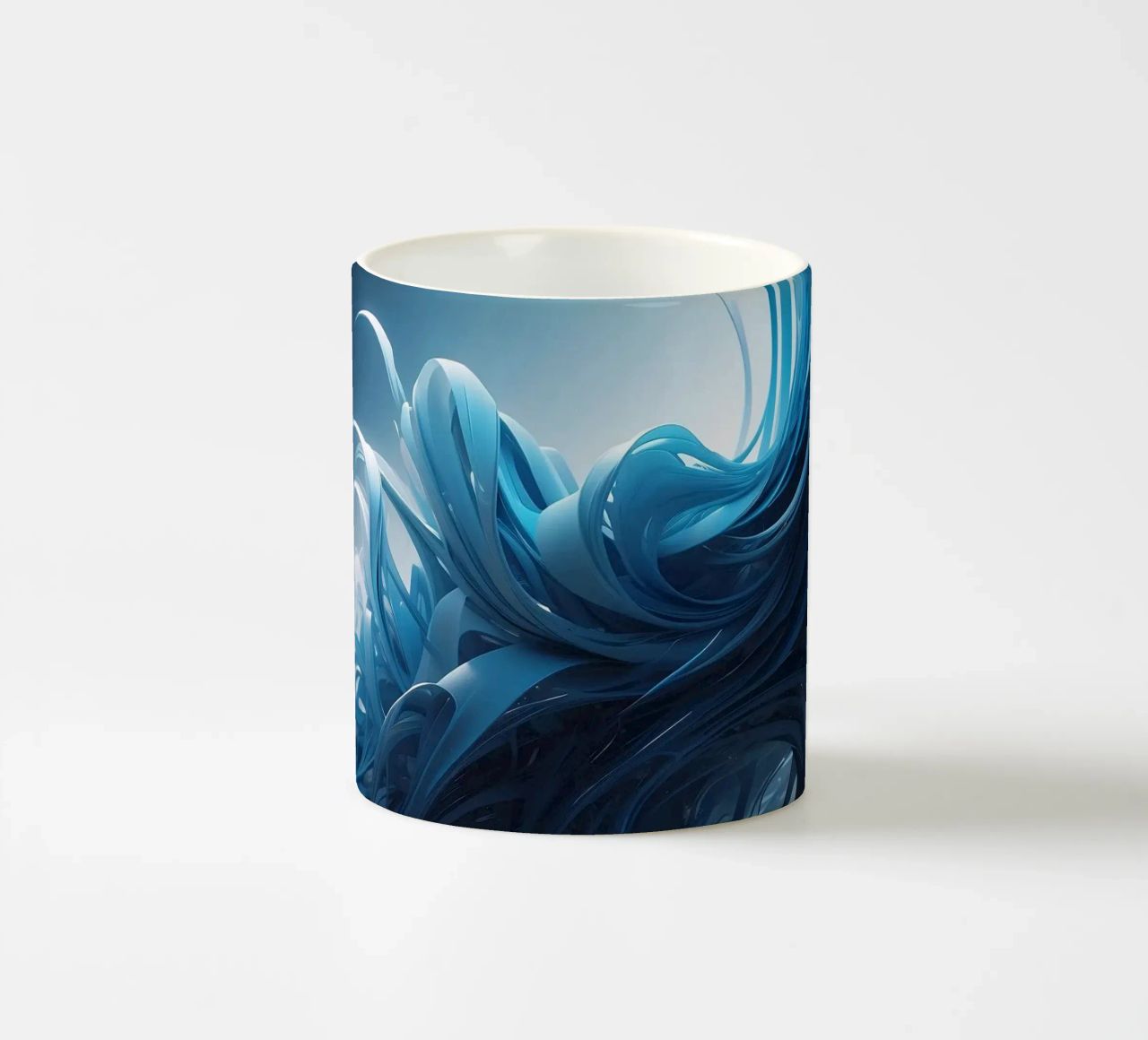 Flowing blues create an abstract wave effect in dynamic art ceramic mug by DesignDoodle