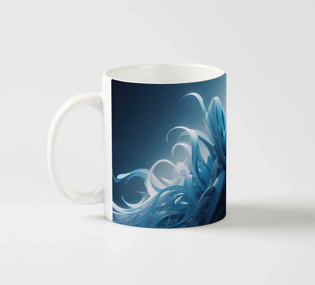 Flowing blues create an abstract wave effect in dynamic art ceramic mug by DesignDoodle