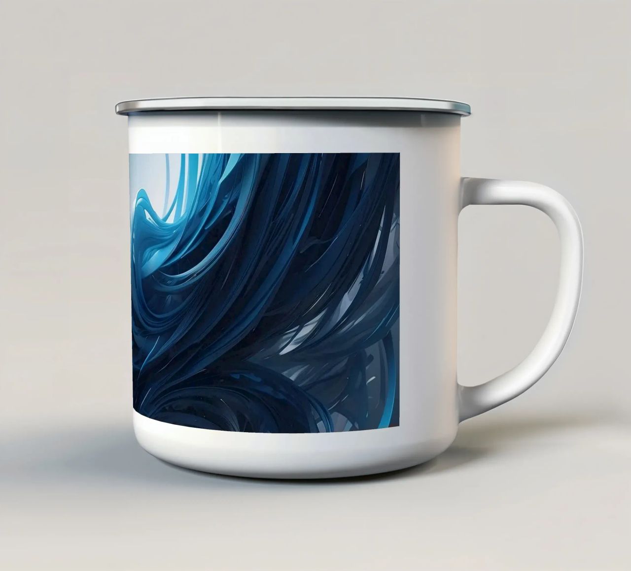Flowing blues create an abstract wave effect in dynamic art enamel mug by DesignDoodle
