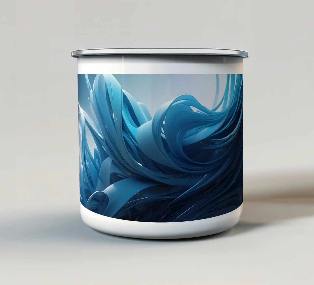 Flowing blues create an abstract wave effect in dynamic art enamel mug by DesignDoodle