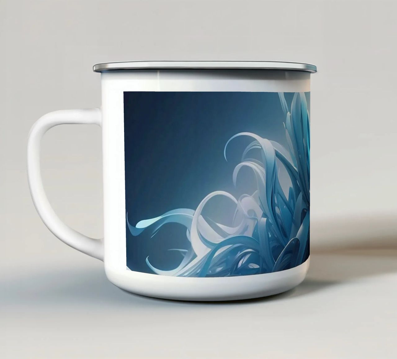 Flowing blues create an abstract wave effect in dynamic art enamel mug by DesignDoodle