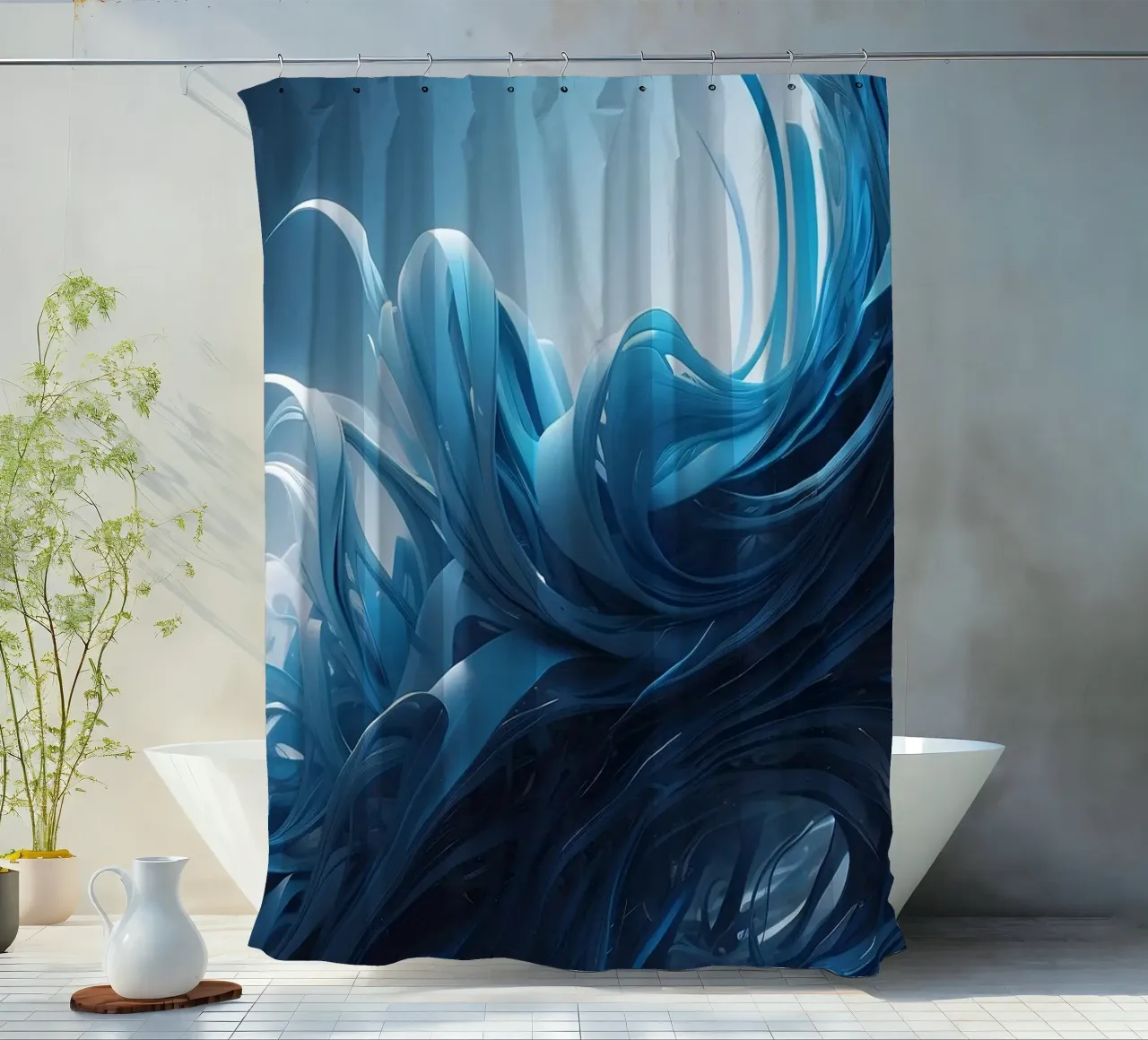 Flowing blues create an abstract wave effect in dynamic art shower curtain by DesignDoodle