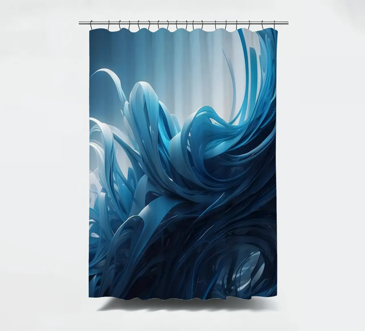 Flowing blues create an abstract wave effect in dynamic art shower curtain by DesignDoodle