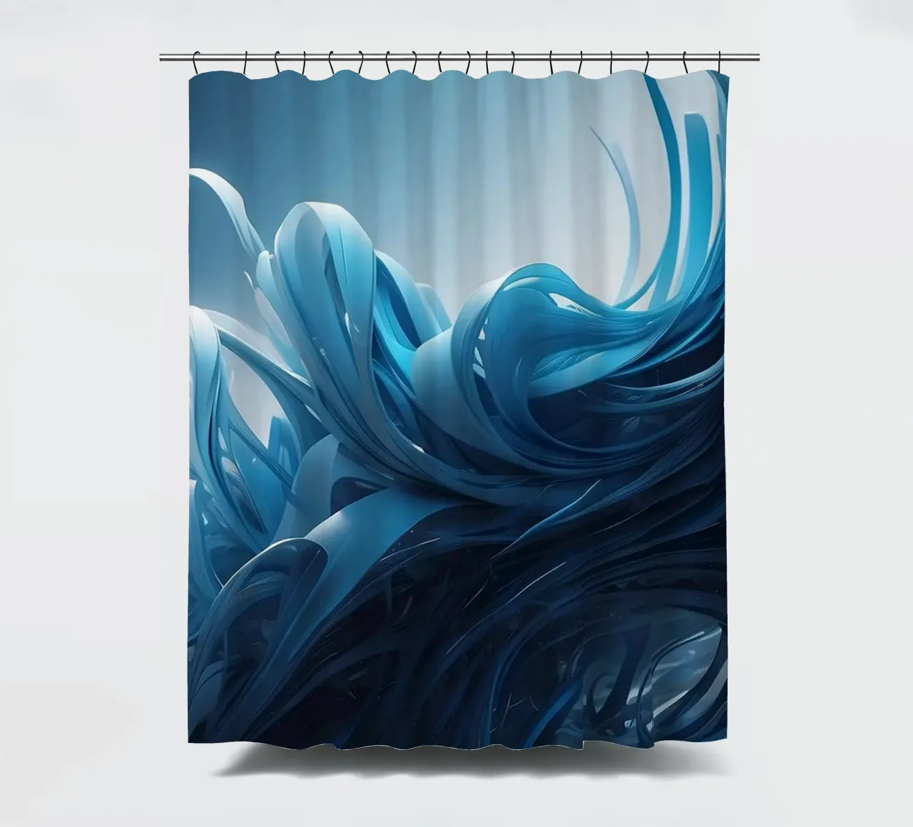 Flowing blues create an abstract wave effect in dynamic art shower curtain by DesignDoodle
