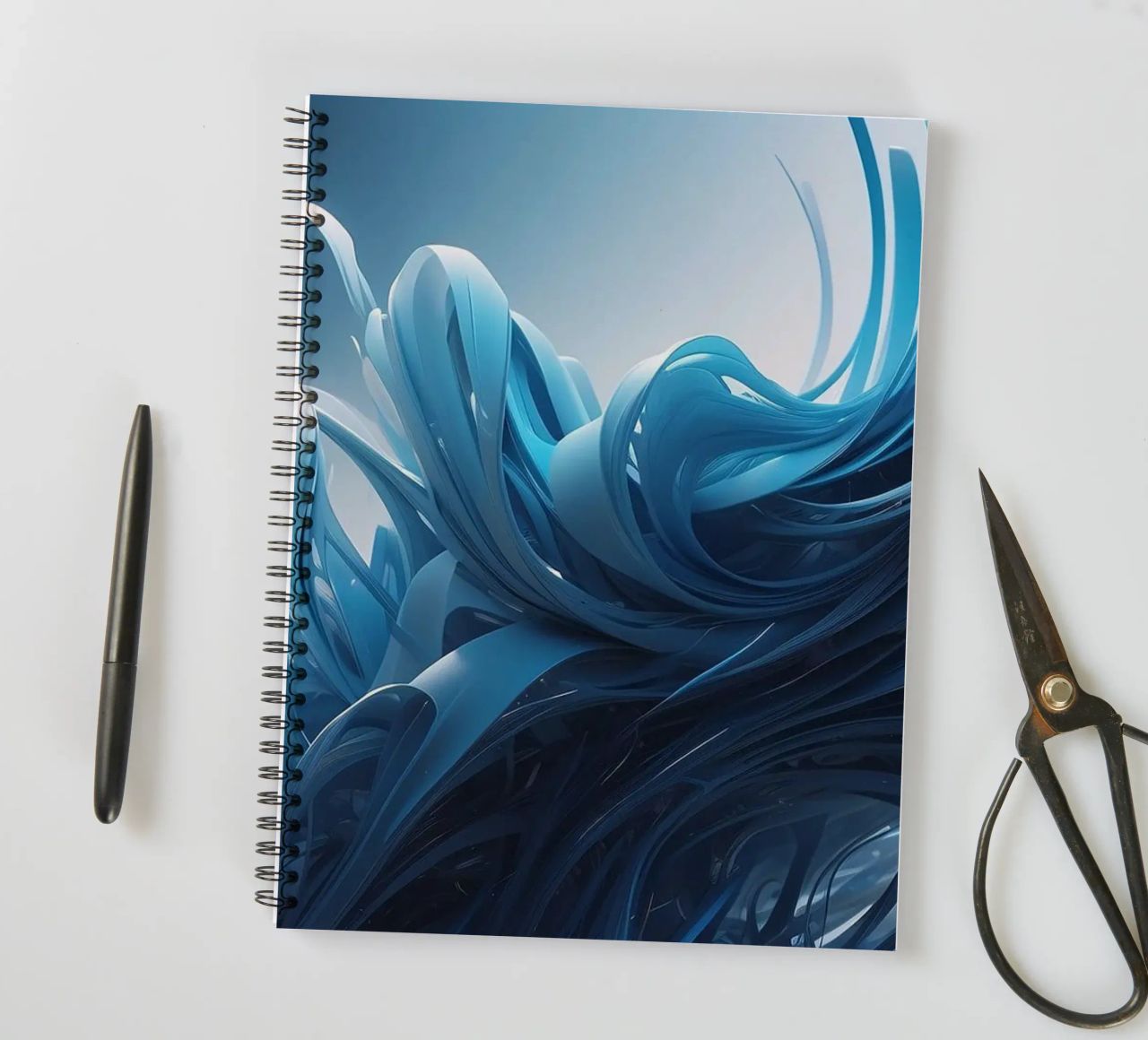 Flowing blues create an abstract wave effect in dynamic art spiral notebook by DesignDoodle