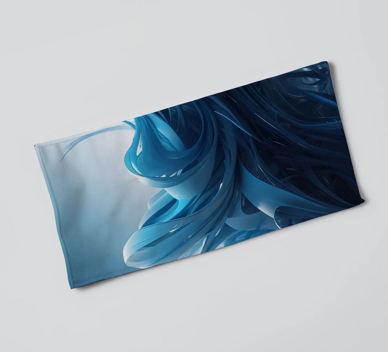 Flowing blues create an abstract wave effect in dynamic art towel by DesignDoodle