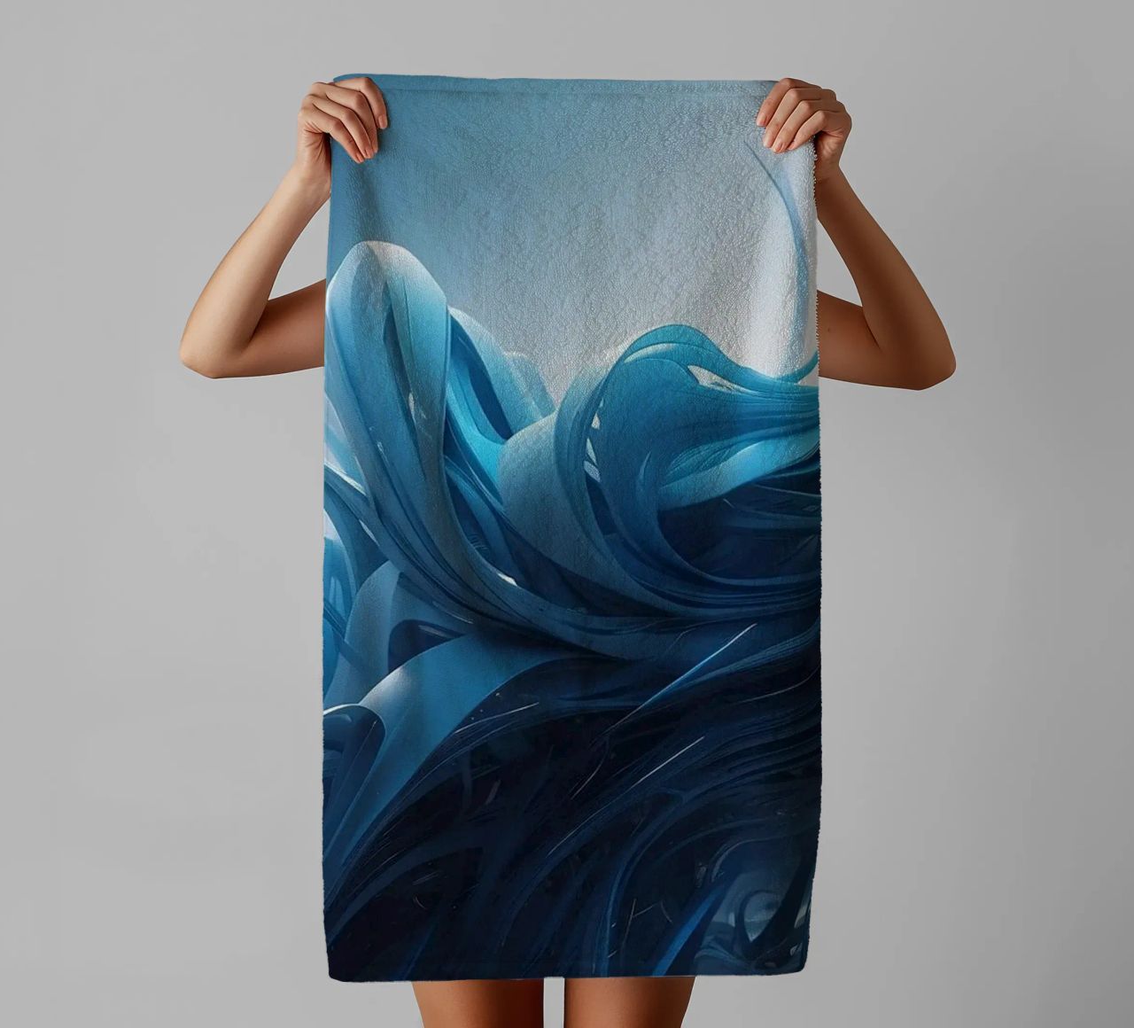 Flowing blues create an abstract wave effect in dynamic art towel by DesignDoodle