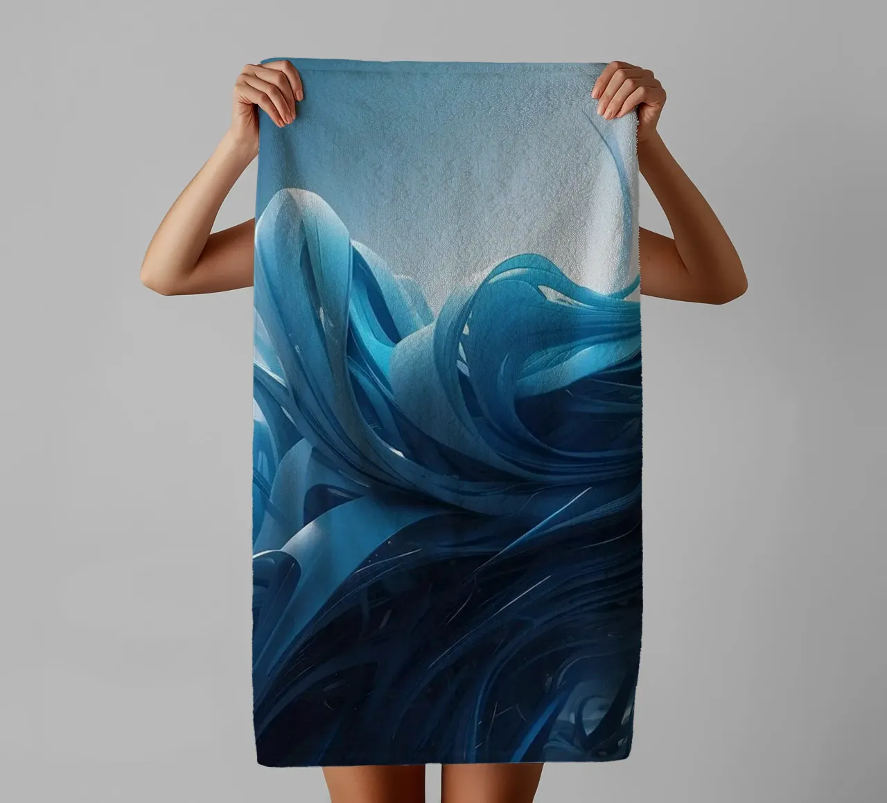 Flowing blues create an abstract wave effect in dynamic art towel by DesignDoodle