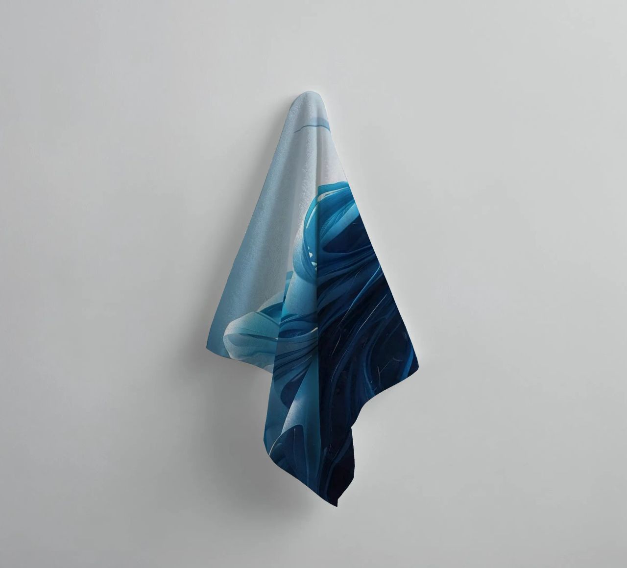 Flowing blues create an abstract wave effect in dynamic art towel by DesignDoodle