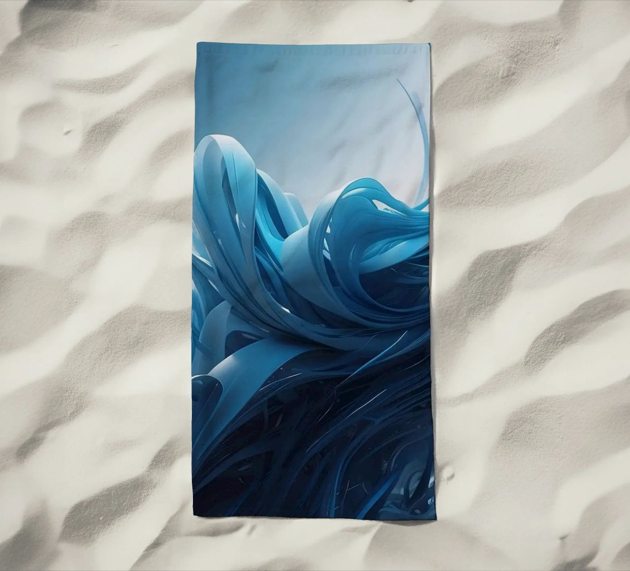 Flowing blues create an abstract wave effect in dynamic art beach towel by DesignDoodle
