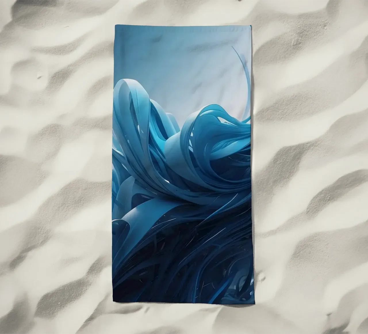 Flowing blues create an abstract wave effect in dynamic art beach towel by DesignDoodle