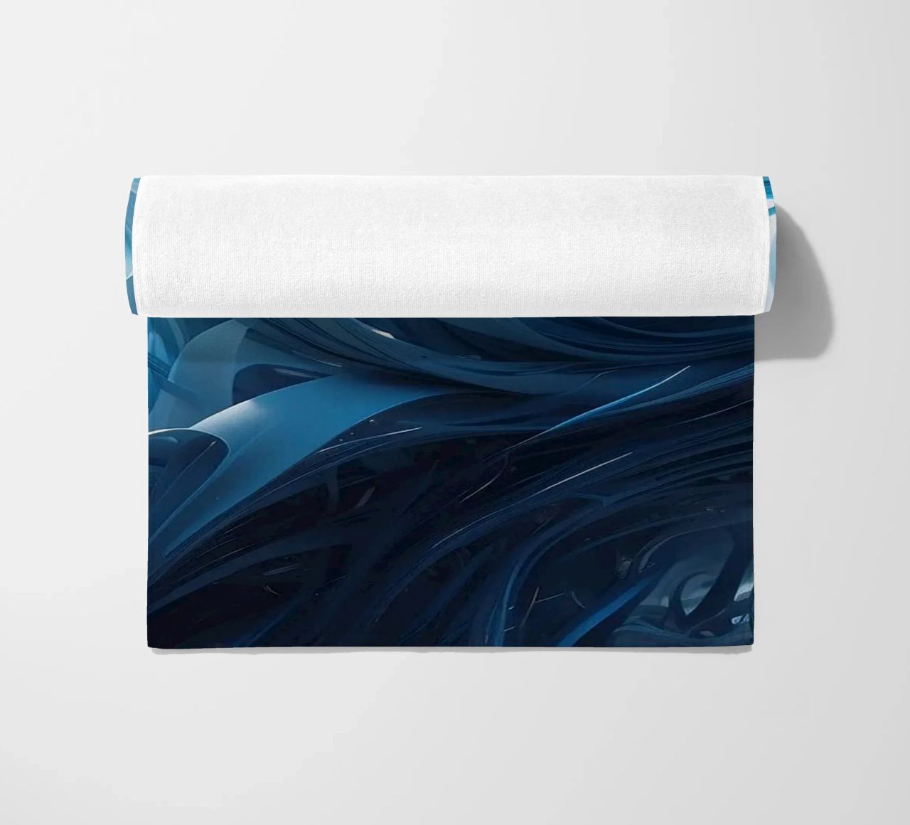 Flowing blues create an abstract wave effect in dynamic art beach towel by DesignDoodle