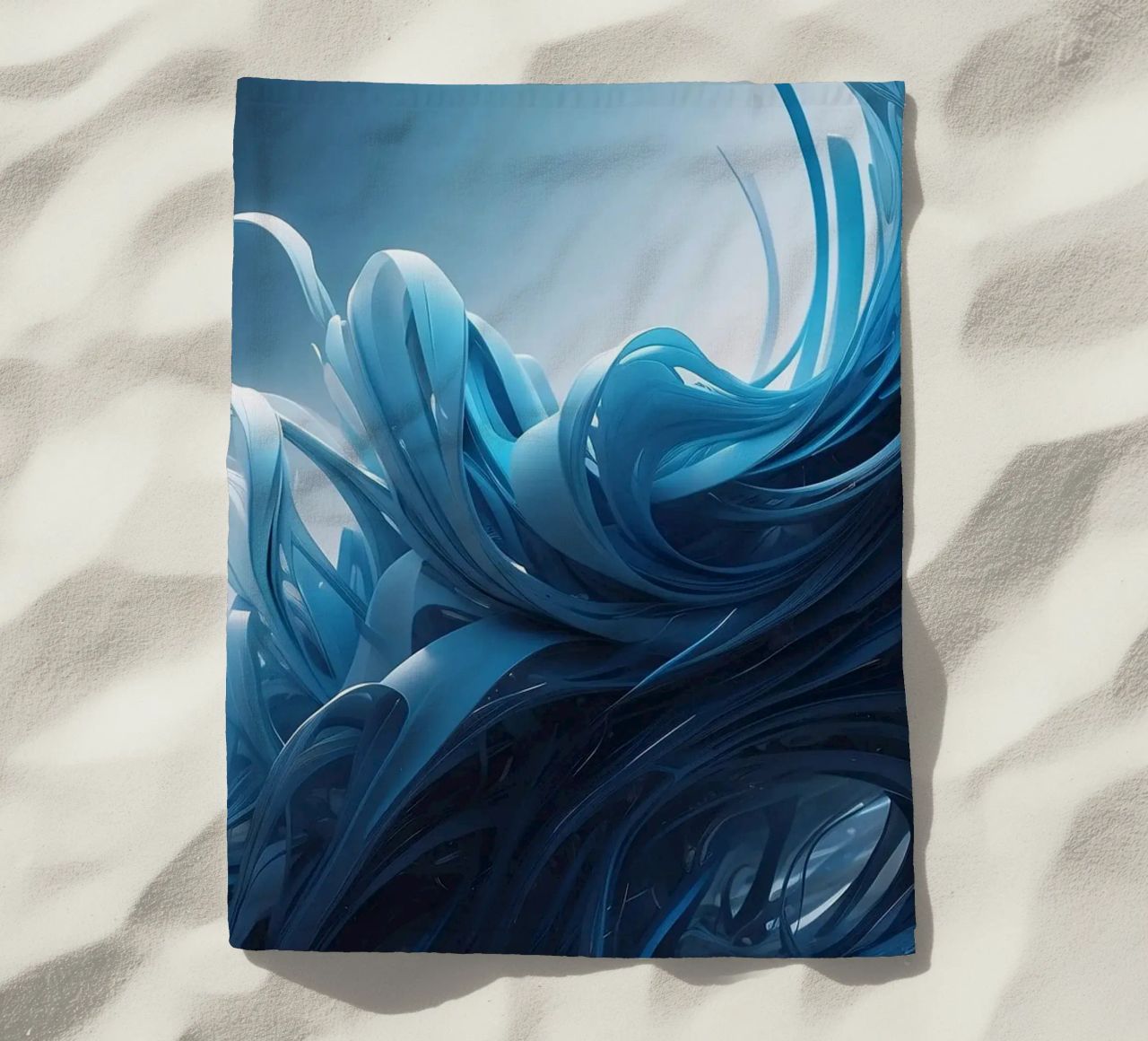 Flowing blues create an abstract wave effect in dynamic art beach towel by DesignDoodle