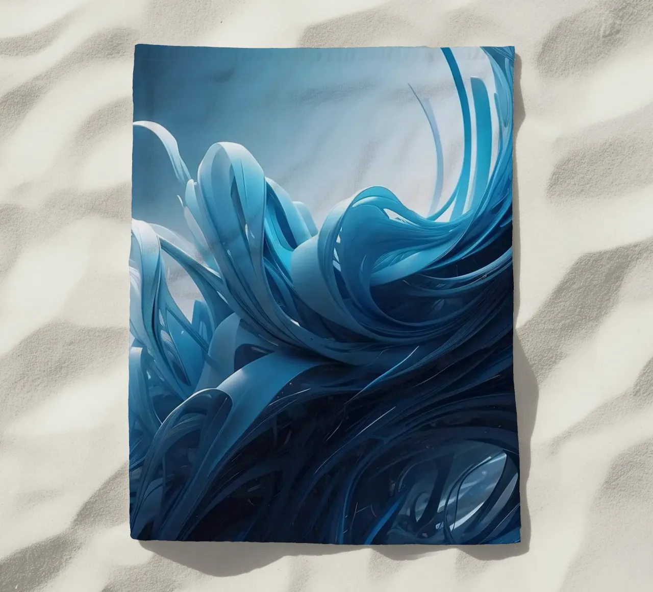 Flowing blues create an abstract wave effect in dynamic art beach towel by DesignDoodle