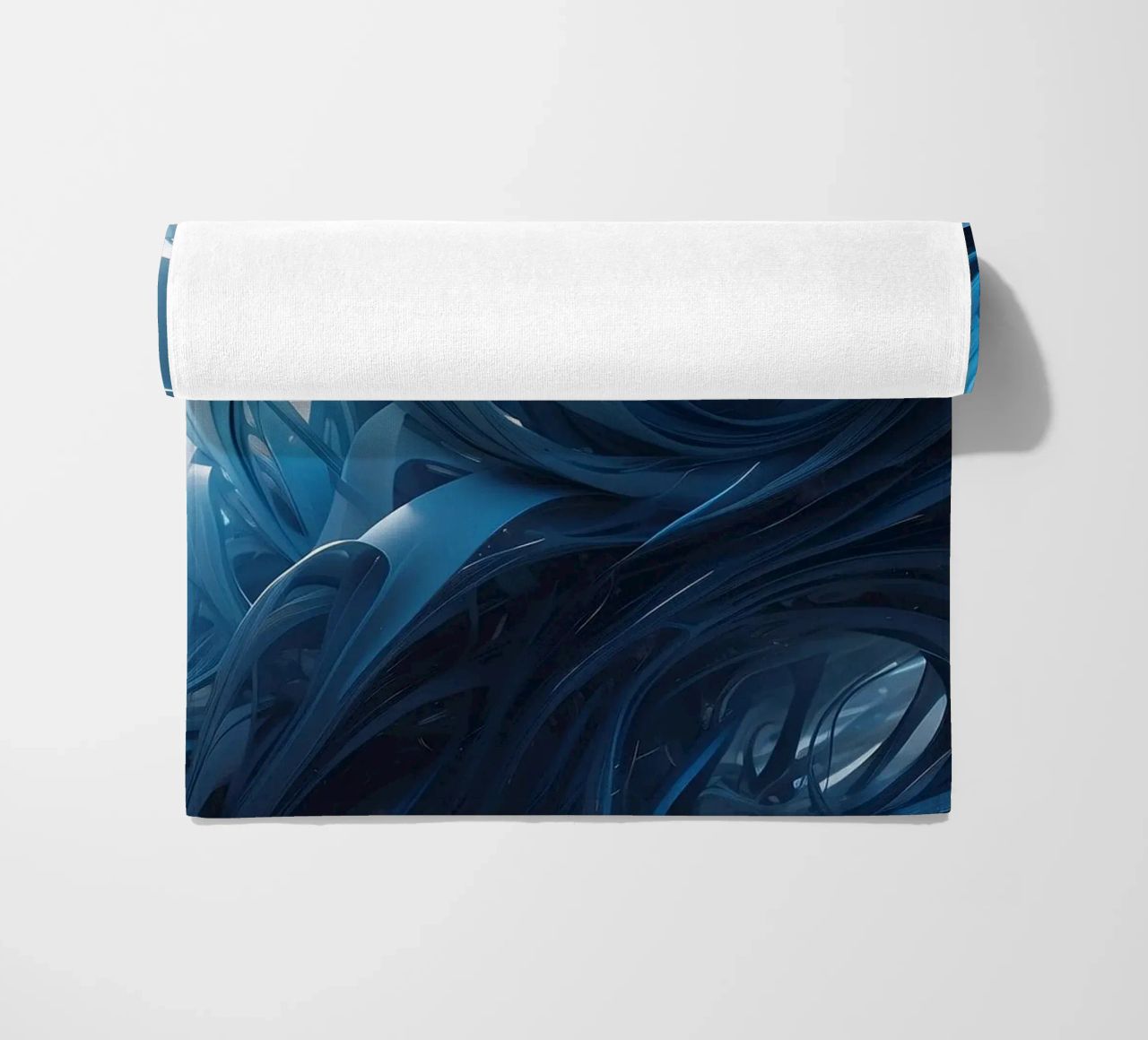 Flowing blues create an abstract wave effect in dynamic art beach towel by DesignDoodle
