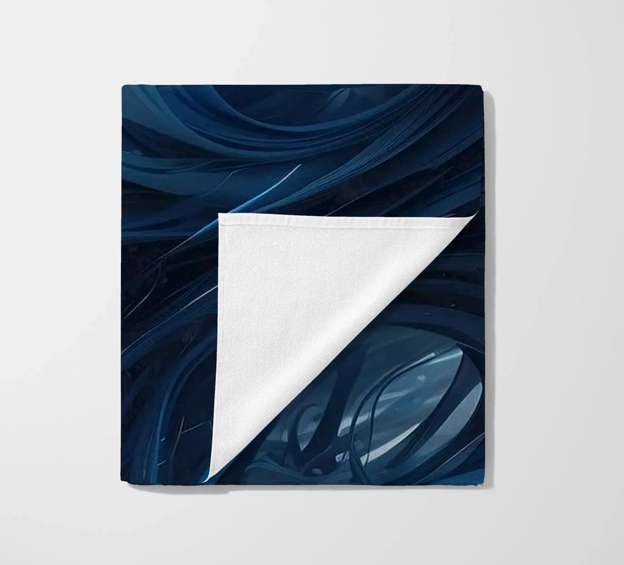 Flowing blues create an abstract wave effect in dynamic art beach towel by DesignDoodle