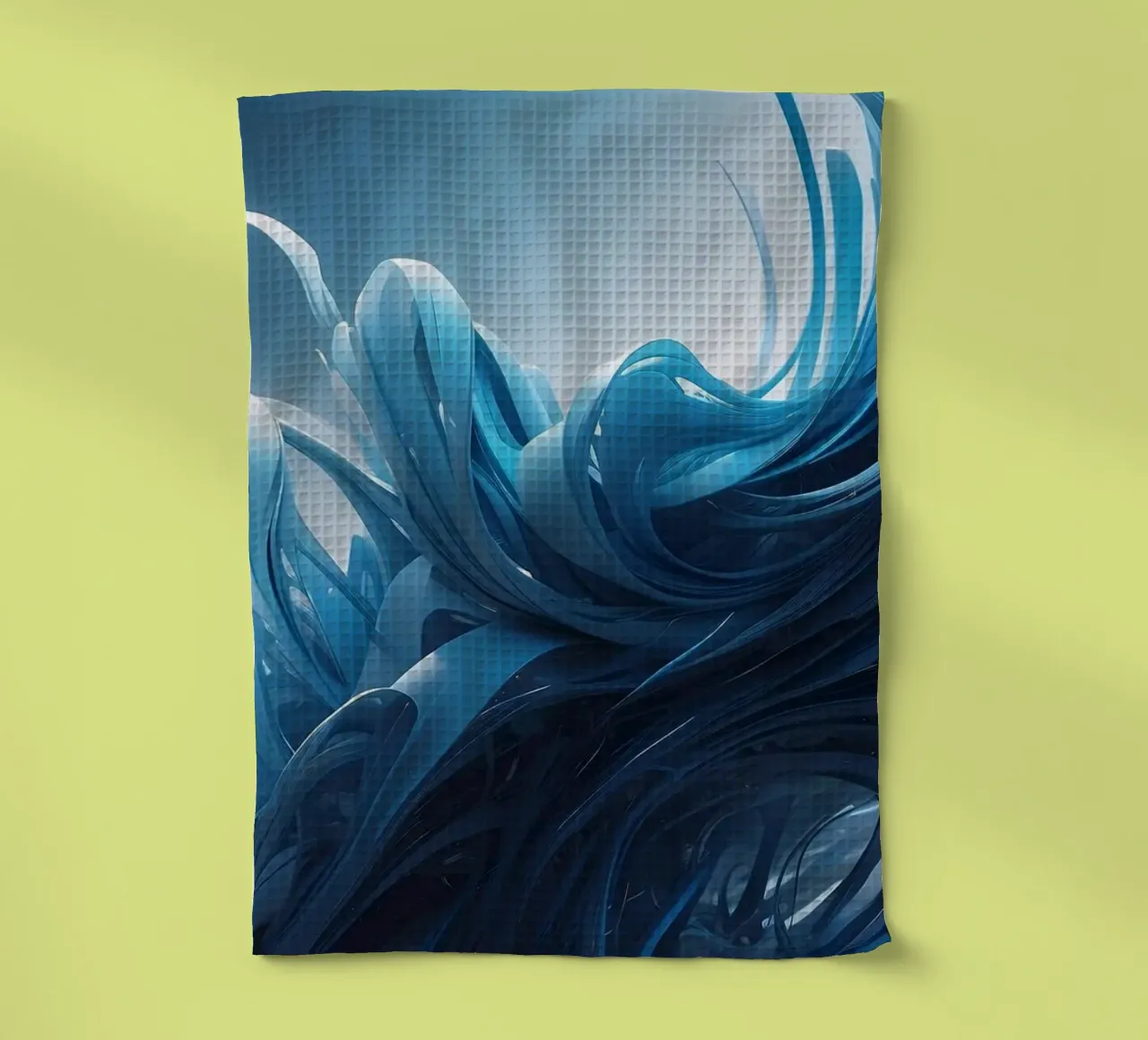 Flowing blues create an abstract wave effect in dynamic art tea towel by DesignDoodle