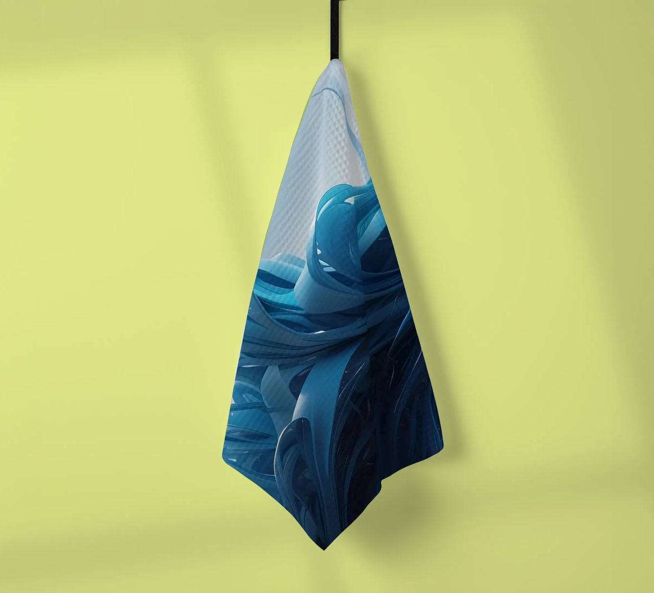 Flowing blues create an abstract wave effect in dynamic art tea towel by DesignDoodle
