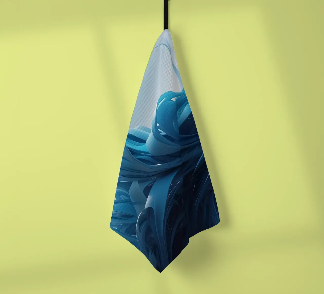 Flowing blues create an abstract wave effect in dynamic art tea towel by DesignDoodle