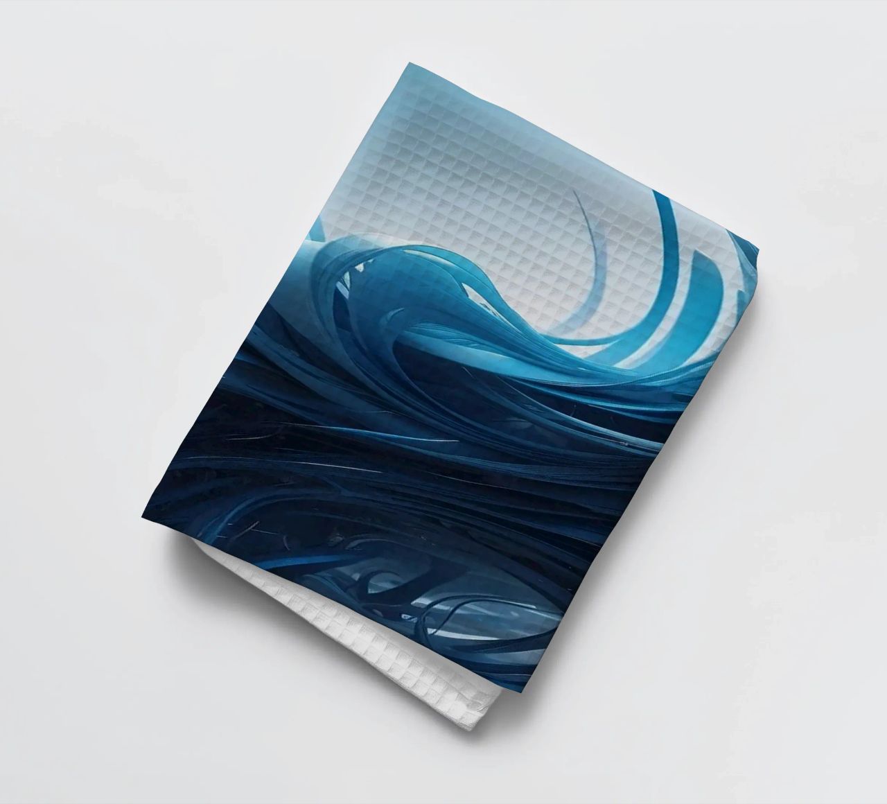 Flowing blues create an abstract wave effect in dynamic art tea towel by DesignDoodle