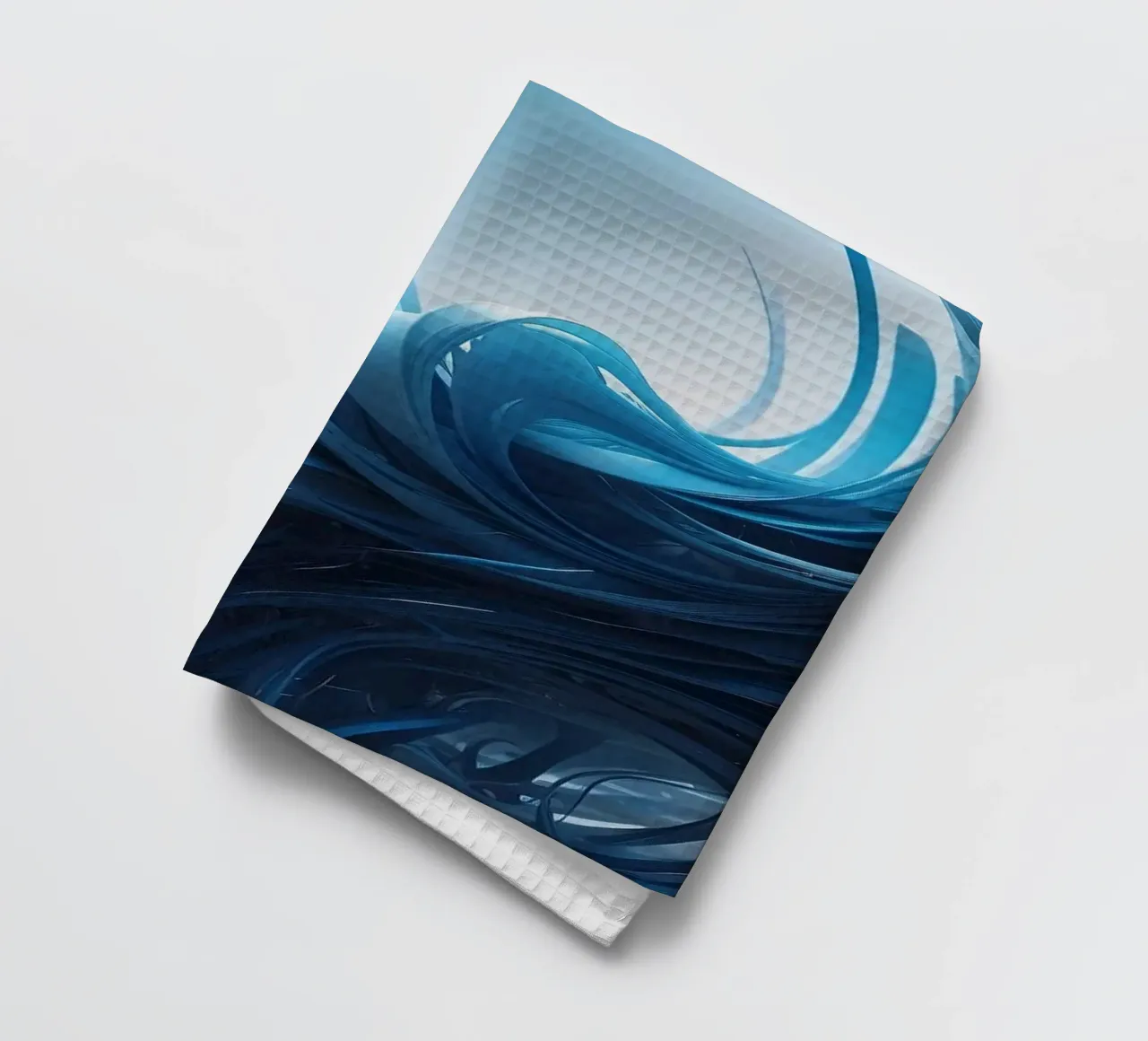 Flowing blues create an abstract wave effect in dynamic art tea towel by DesignDoodle