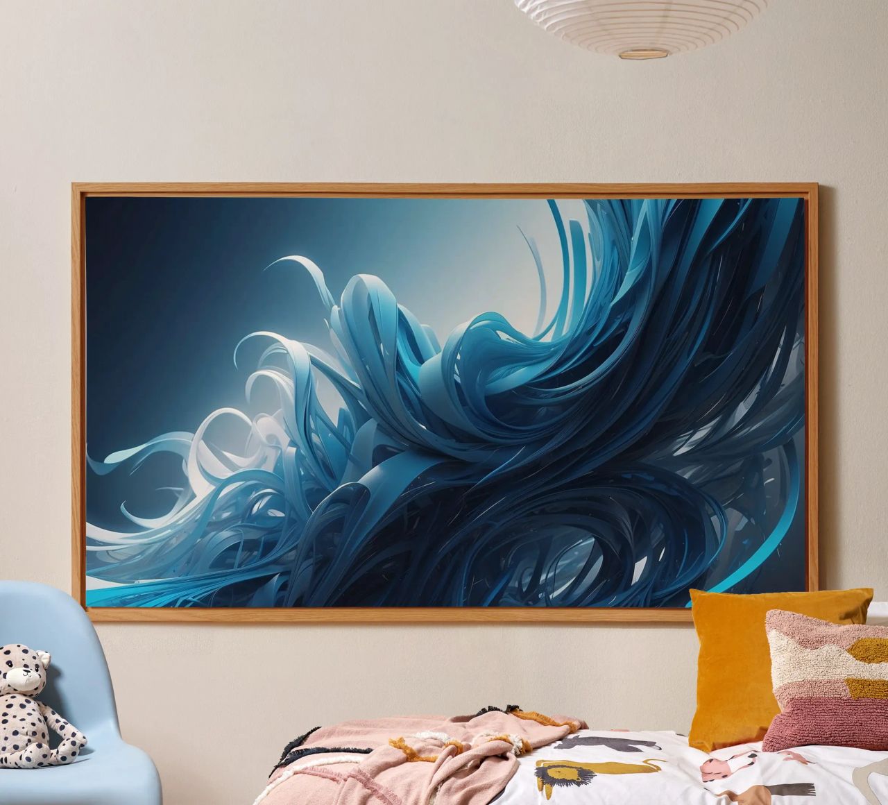 Flowing blues create an abstract wave effect in dynamic art alu-dibond by DesignDoodle
