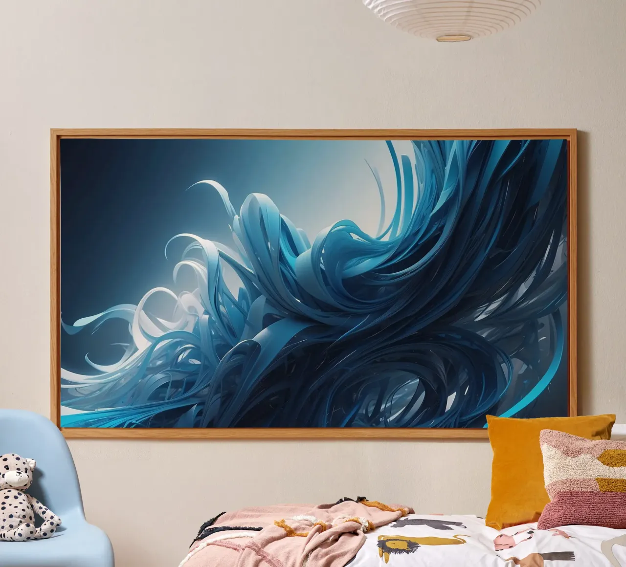 Les bleus fluides créent un effet de vague abstrait dans l'art dynamique alu dibond de DesignDoodle