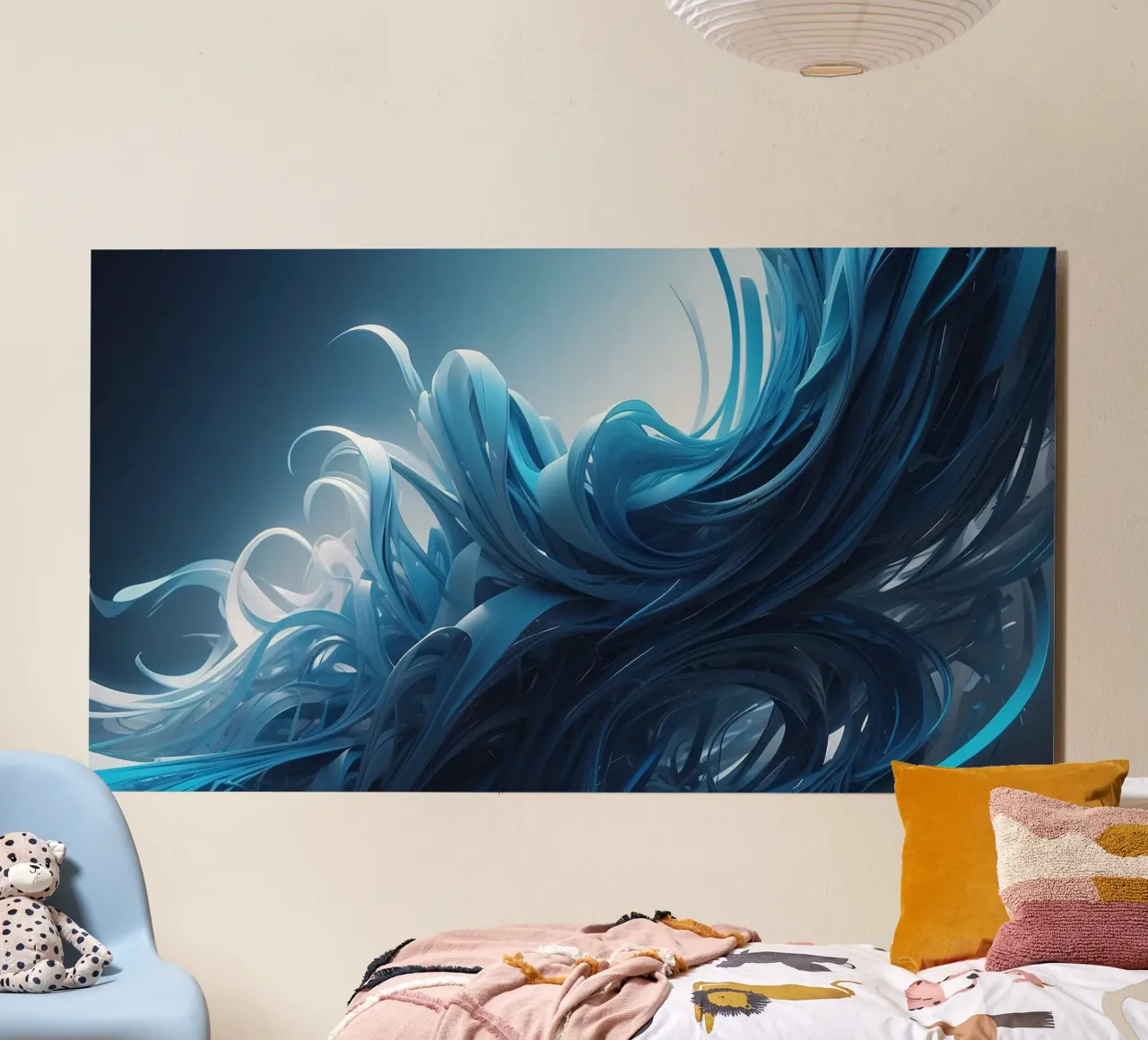 Les bleus fluides créent un effet de vague abstrait dans l'art dynamique alu dibond de DesignDoodle