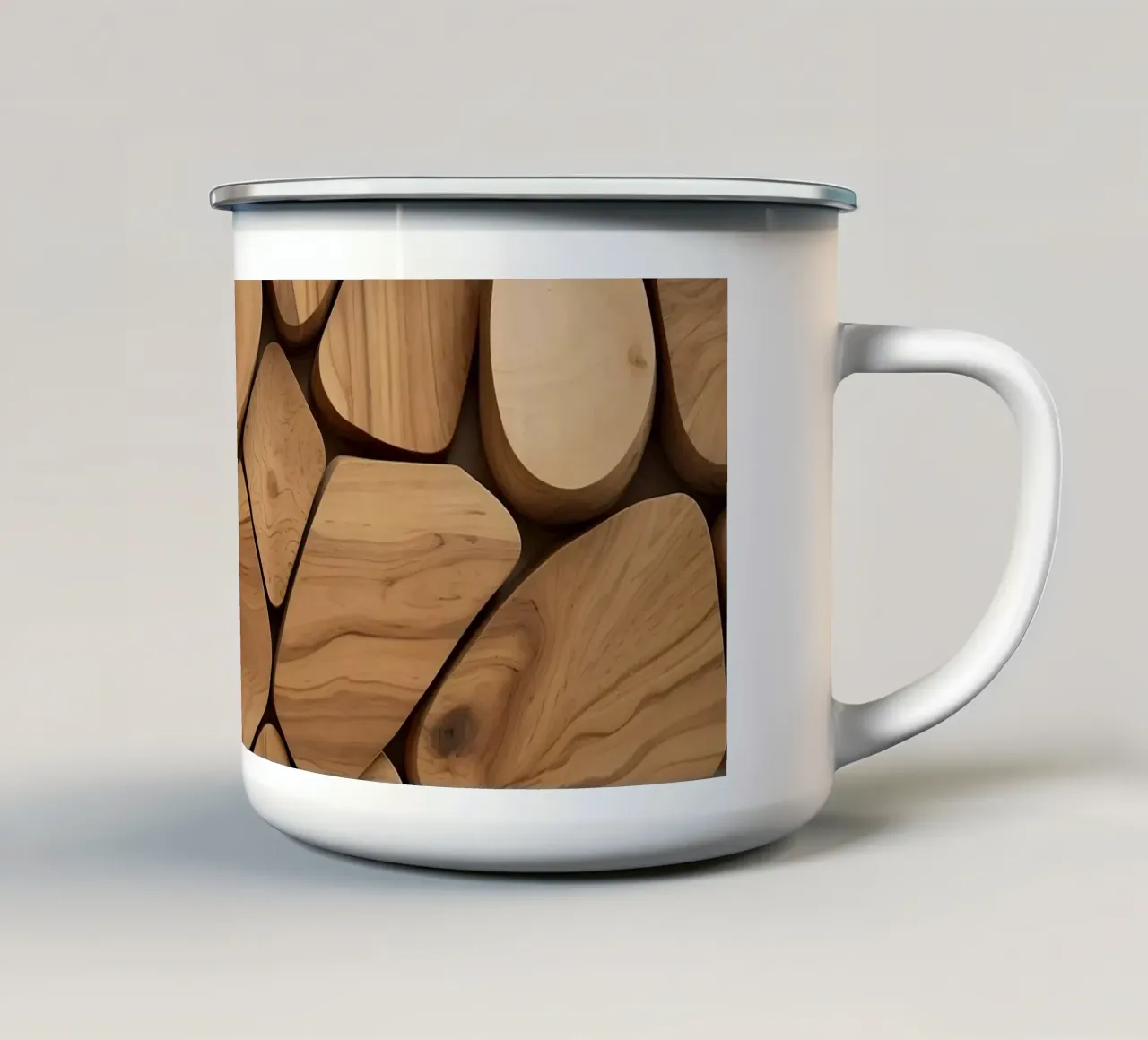 Disposizione unica di pezzi di legno lucidato che mettono in mostra l'arte tazza in smalto da DesignDoodle