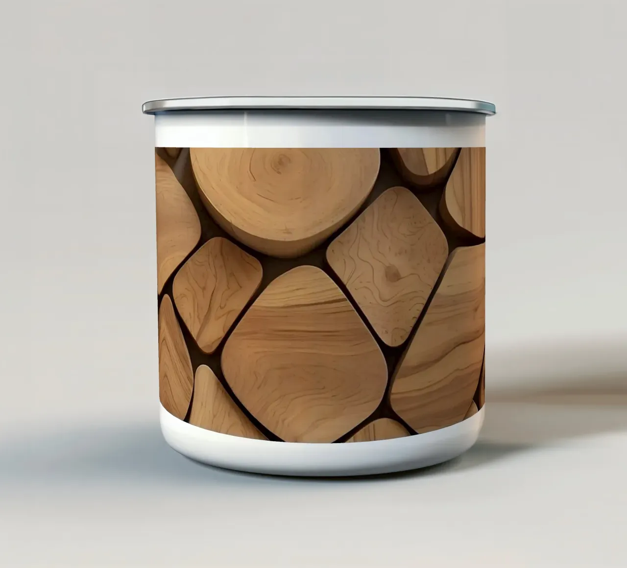 Disposizione unica di pezzi di legno lucidato che mettono in mostra l'arte tazza in smalto da DesignDoodle