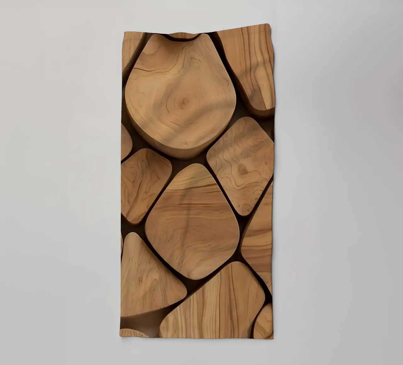Unique arrangement of polished wooden pieces showcasing art towel by DesignDoodle