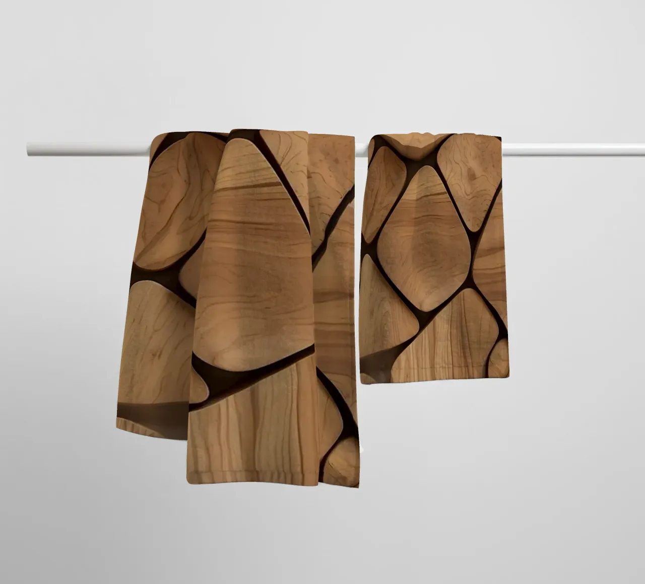 Unique arrangement of polished wooden pieces showcasing art towel by DesignDoodle
