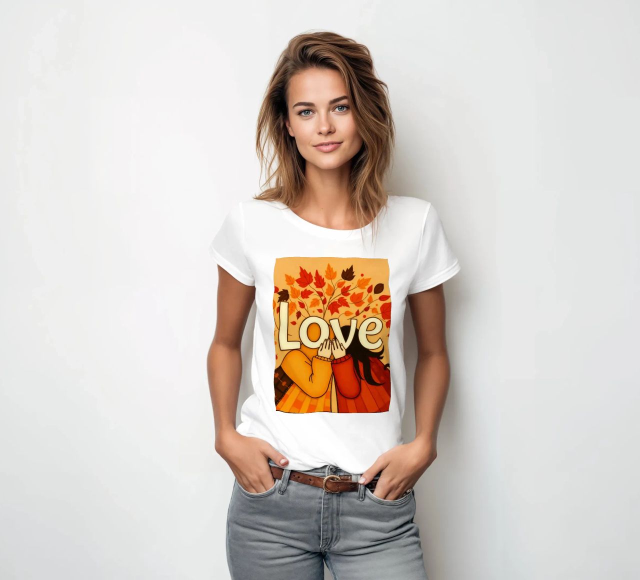 Un'opera d'arte che simboleggia l'unità e l'amore, utilizzando le calde tonalità della terra. t-shirt da donna da DesignDoodle
