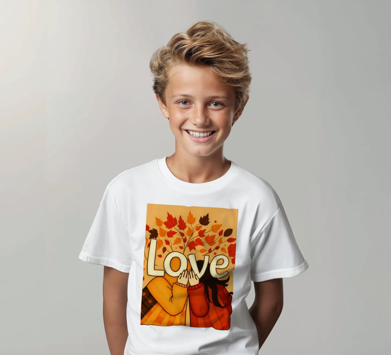 Un'opera d'arte che simboleggia l'unità e l'amore, utilizzando le calde tonalità della terra. t-shirt bambini da DesignDoodle