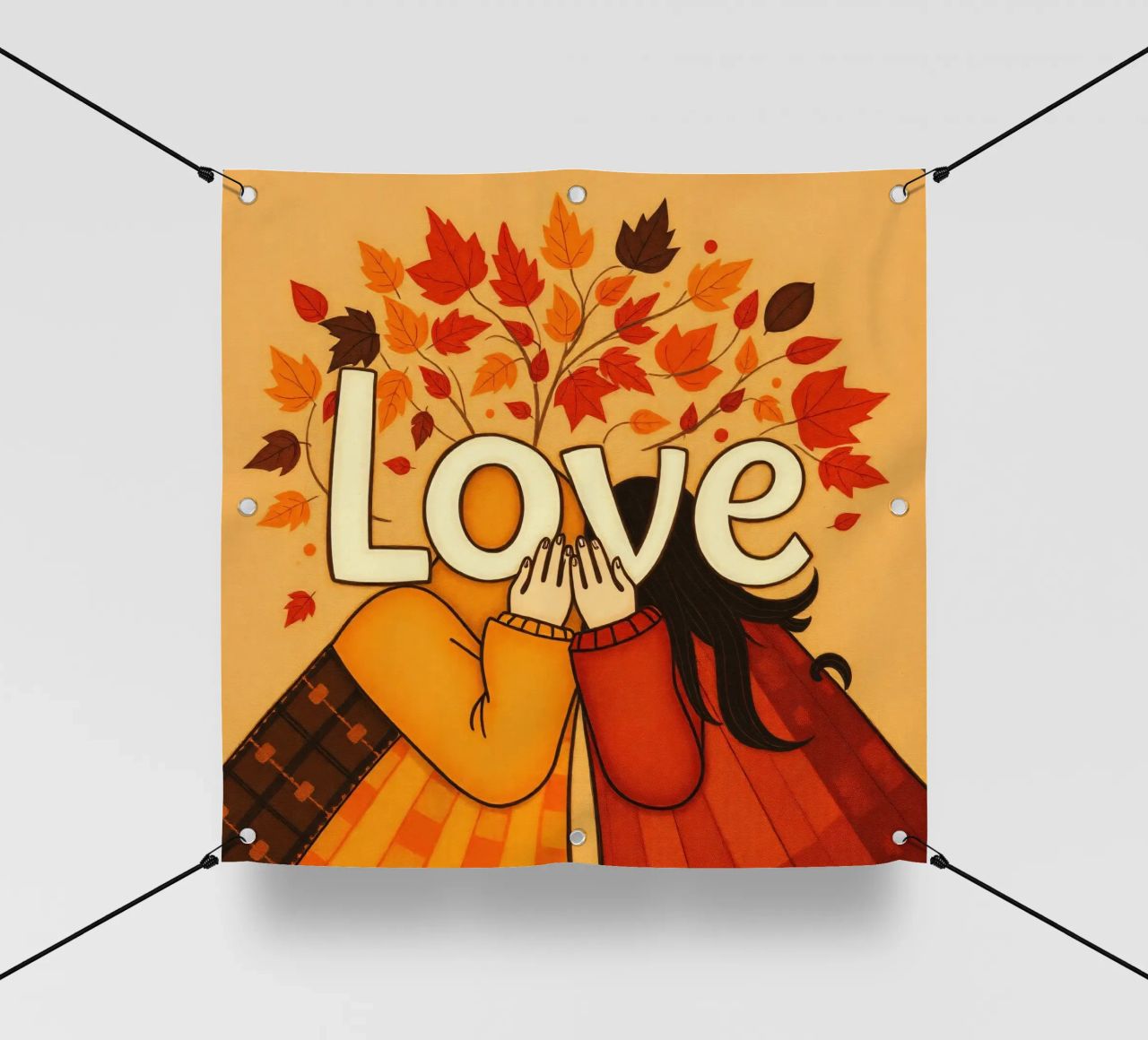 Un'opera d'arte che simboleggia l'unità e l'amore, utilizzando le calde tonalità della terra. telo in pvc da DesignDoodle