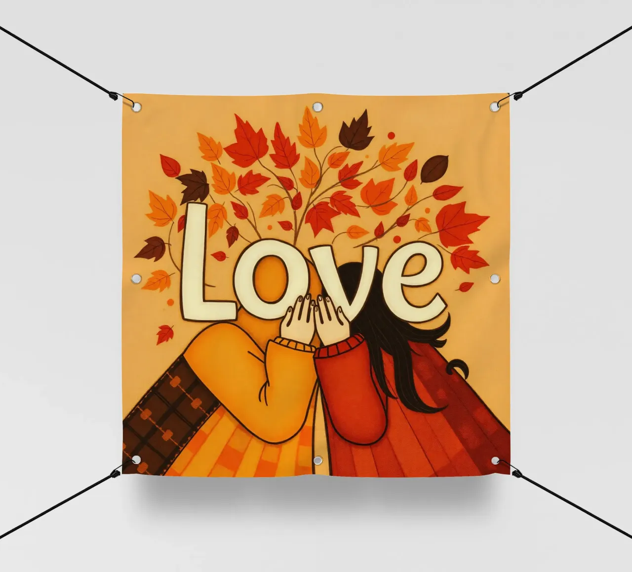 Un'opera d'arte che simboleggia l'unità e l'amore, utilizzando le calde tonalità della terra. telo in pvc da DesignDoodle