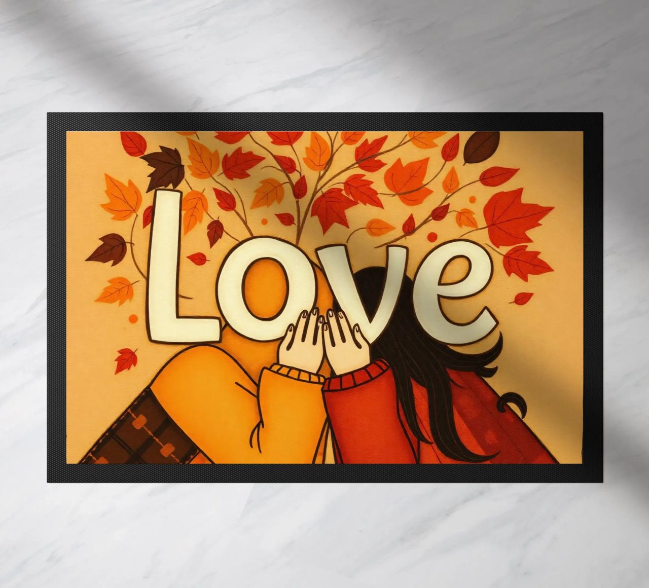 Un'opera d'arte che simboleggia l'unità e l'amore, utilizzando le calde tonalità della terra. zerbino da DesignDoodle