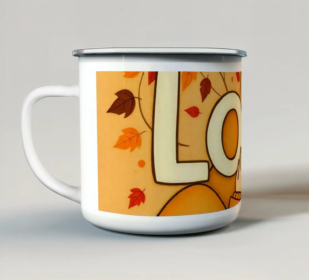 Un'opera d'arte che simboleggia l'unità e l'amore, utilizzando le calde tonalità della terra. tazza in smalto da DesignDoodle