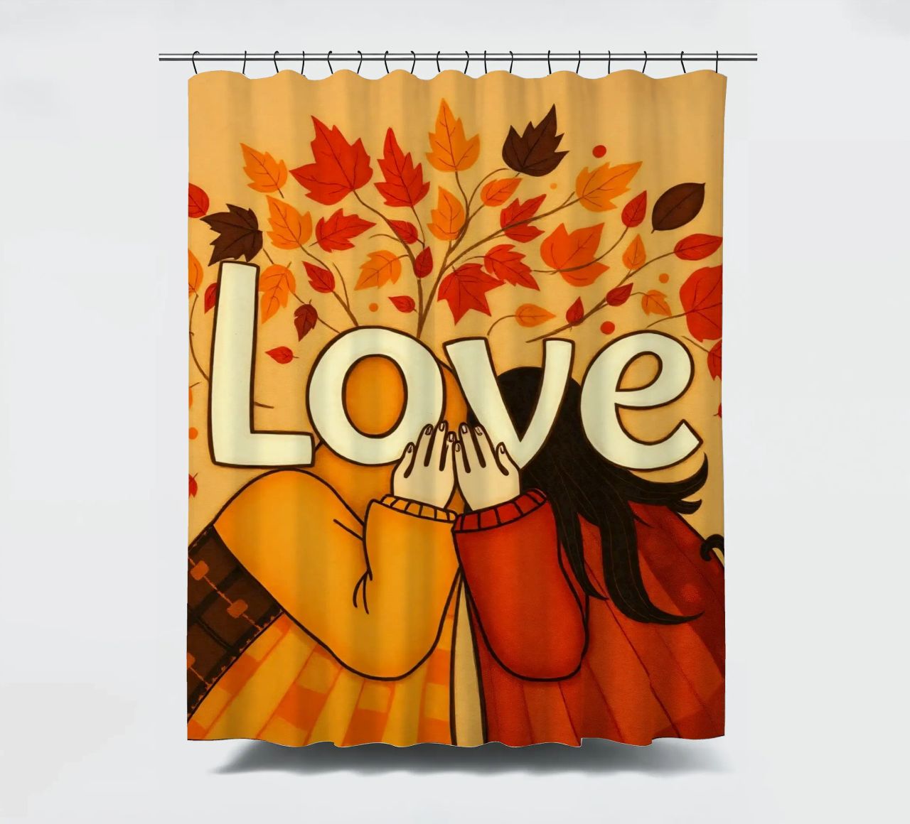Un'opera d'arte che simboleggia l'unità e l'amore, utilizzando le calde tonalità della terra. tenda da doccia da DesignDoodle