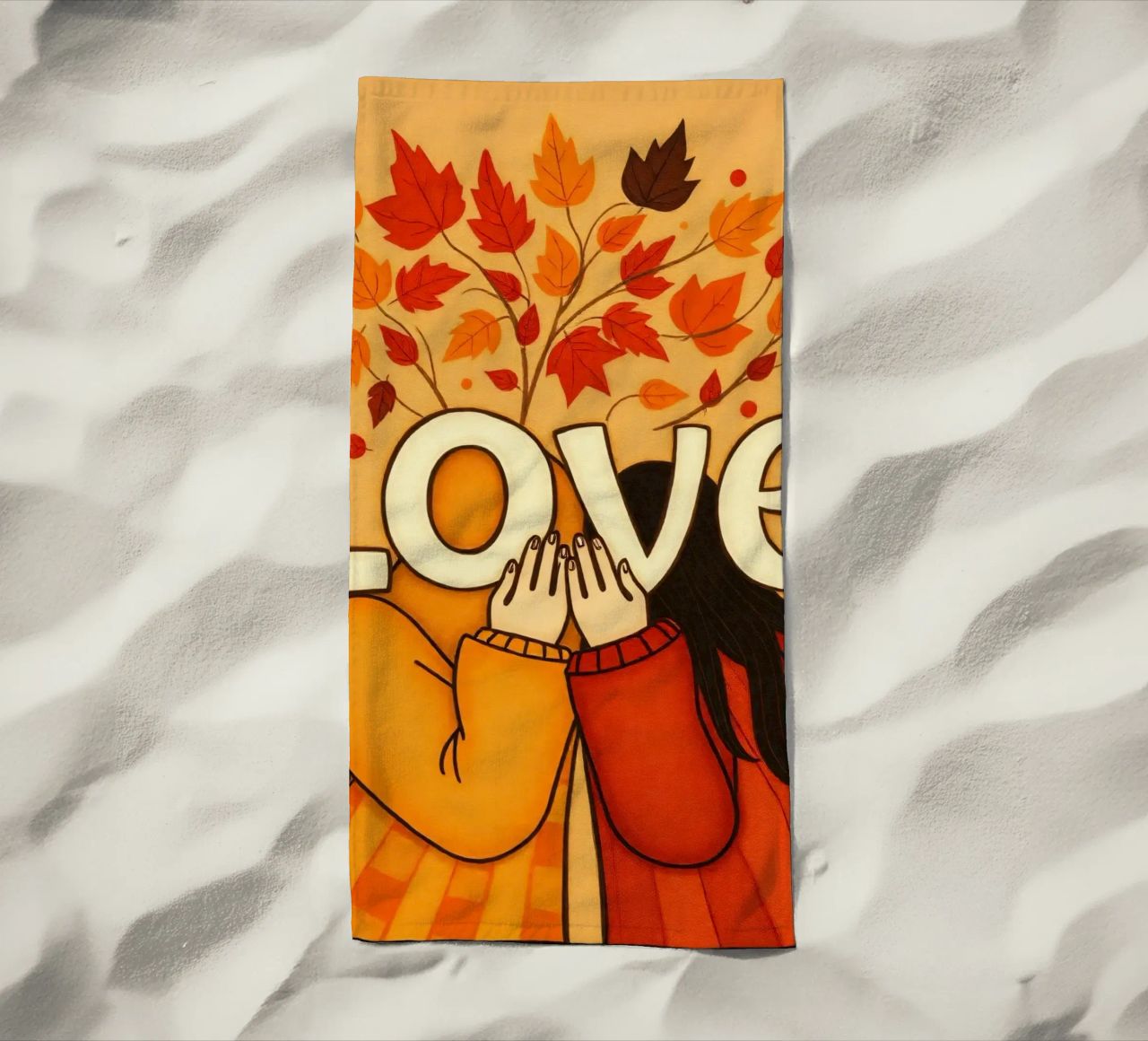 Un'opera d'arte che simboleggia l'unità e l'amore, utilizzando le calde tonalità della terra. telo mare da DesignDoodle