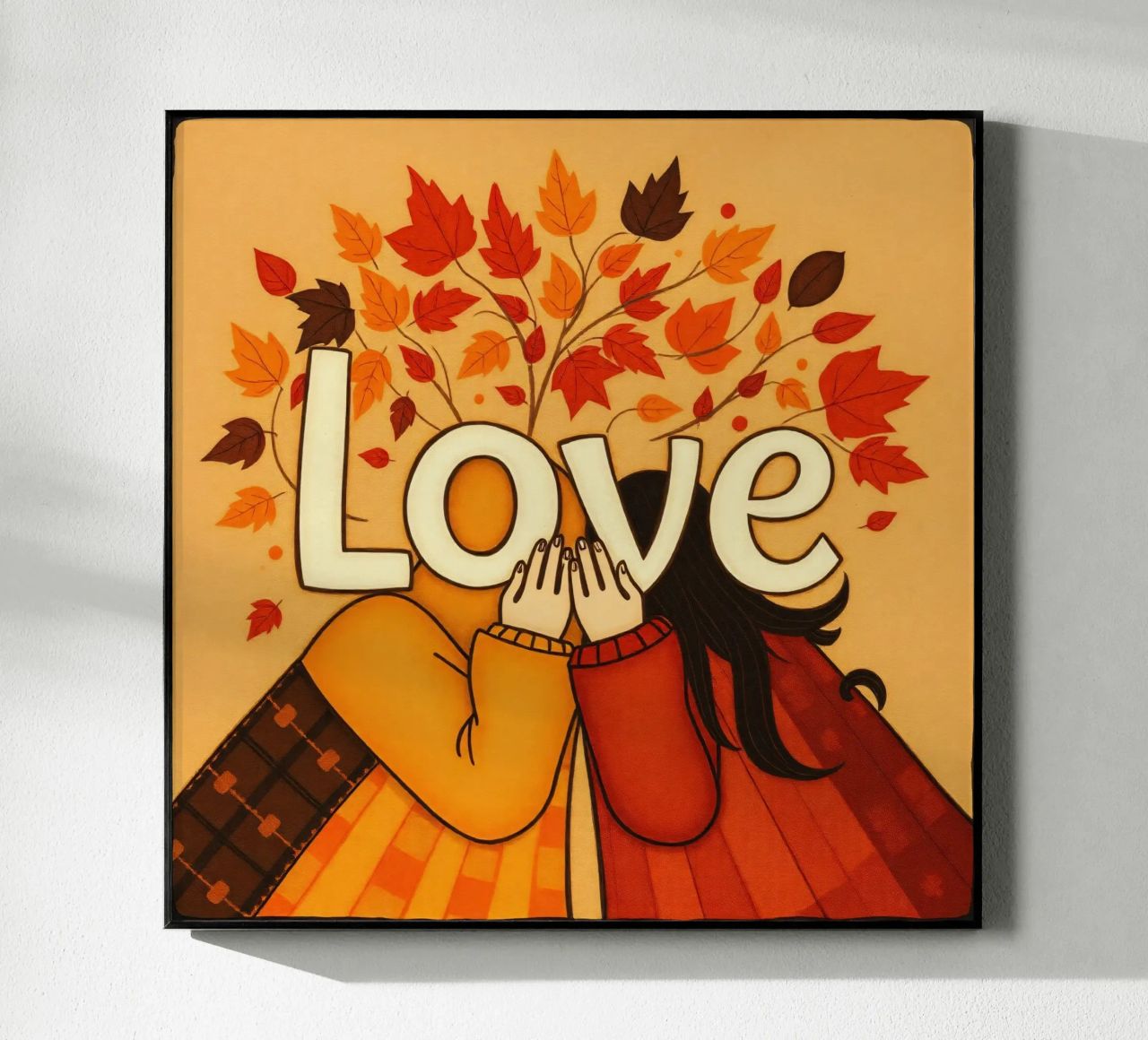 Un'opera d'arte che simboleggia l'unità e l'amore, utilizzando le calde tonalità della terra. plexiglass da DesignDoodle