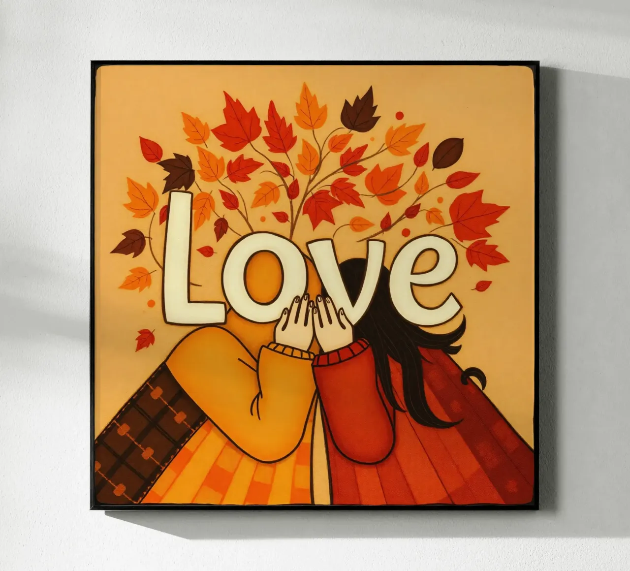 Un'opera d'arte che simboleggia l'unità e l'amore, utilizzando le calde tonalità della terra. plexiglass da DesignDoodle