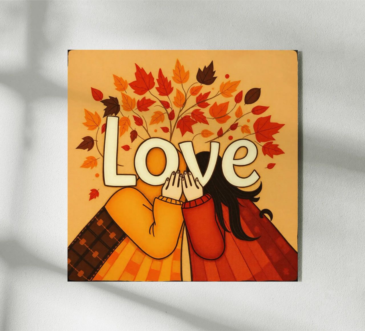 Un'opera d'arte che simboleggia l'unità e l'amore, utilizzando le calde tonalità della terra. plexiglass da DesignDoodle