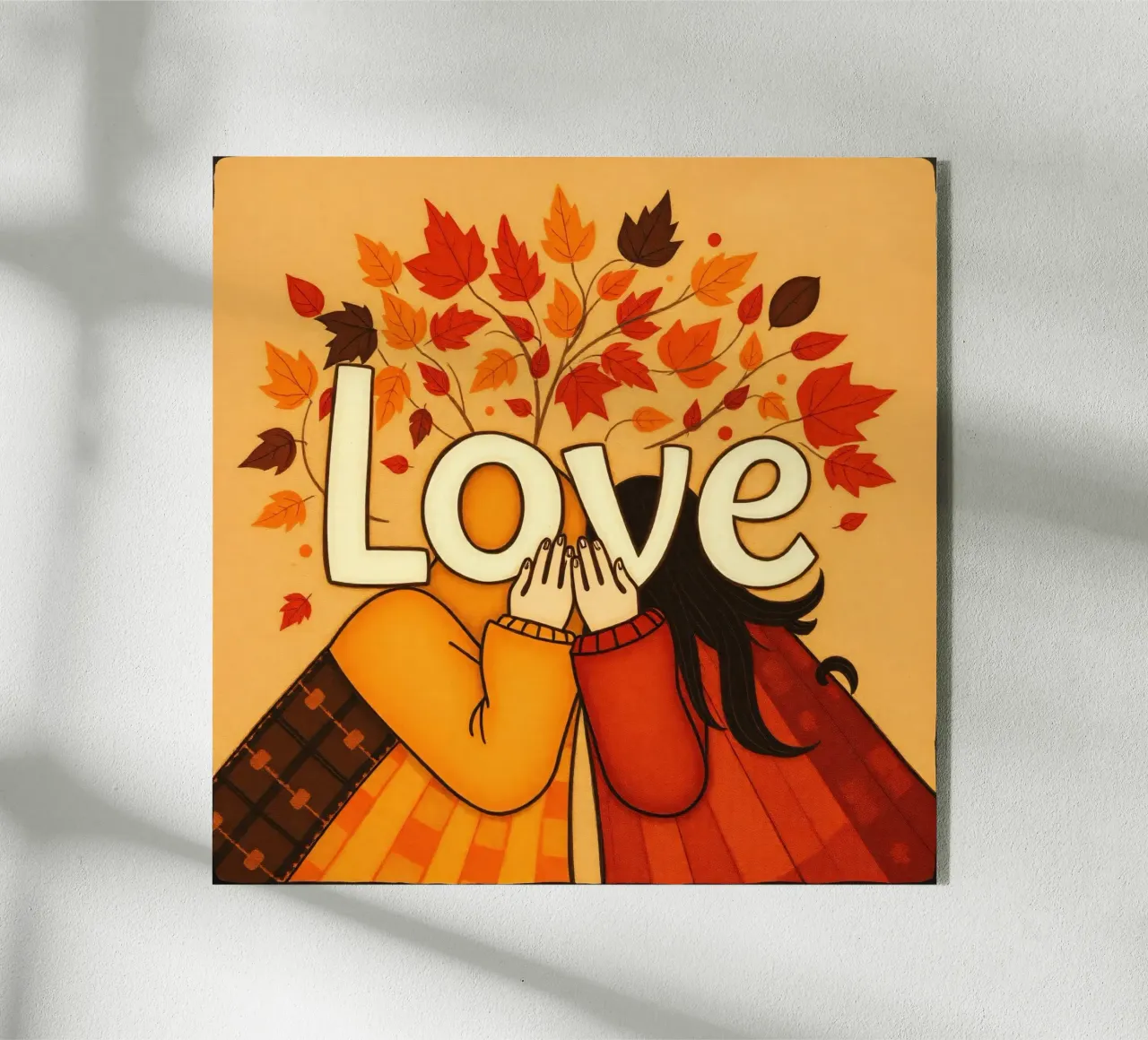 Un'opera d'arte che simboleggia l'unità e l'amore, utilizzando le calde tonalità della terra. plexiglass da DesignDoodle