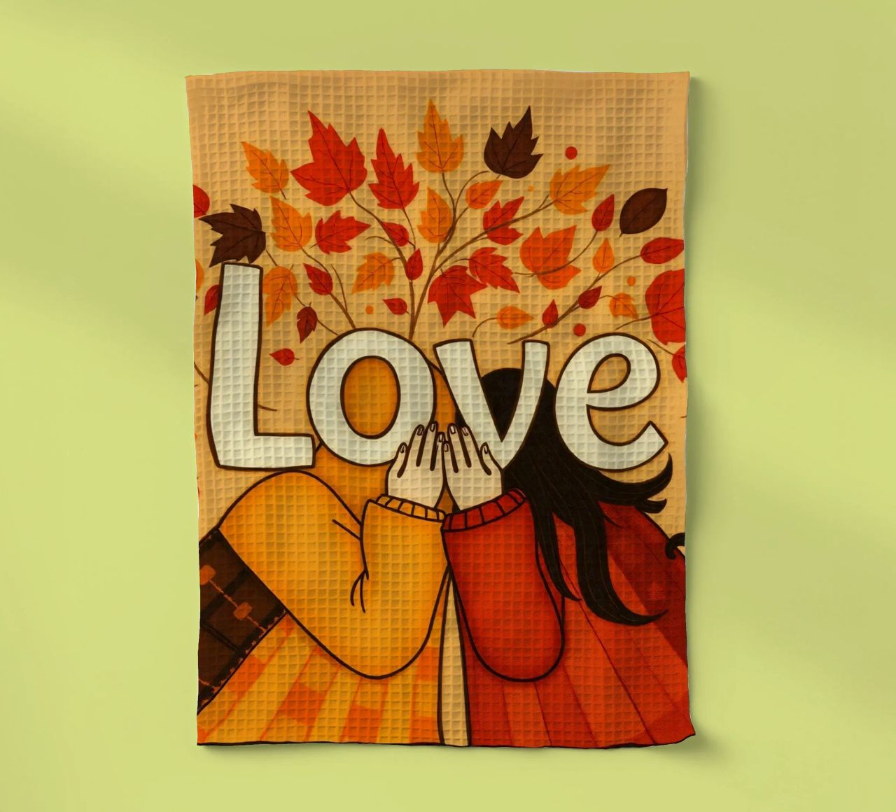 Un'opera d'arte che simboleggia l'unità e l'amore, utilizzando le calde tonalità della terra. canovaccio da cucina da DesignDoodle