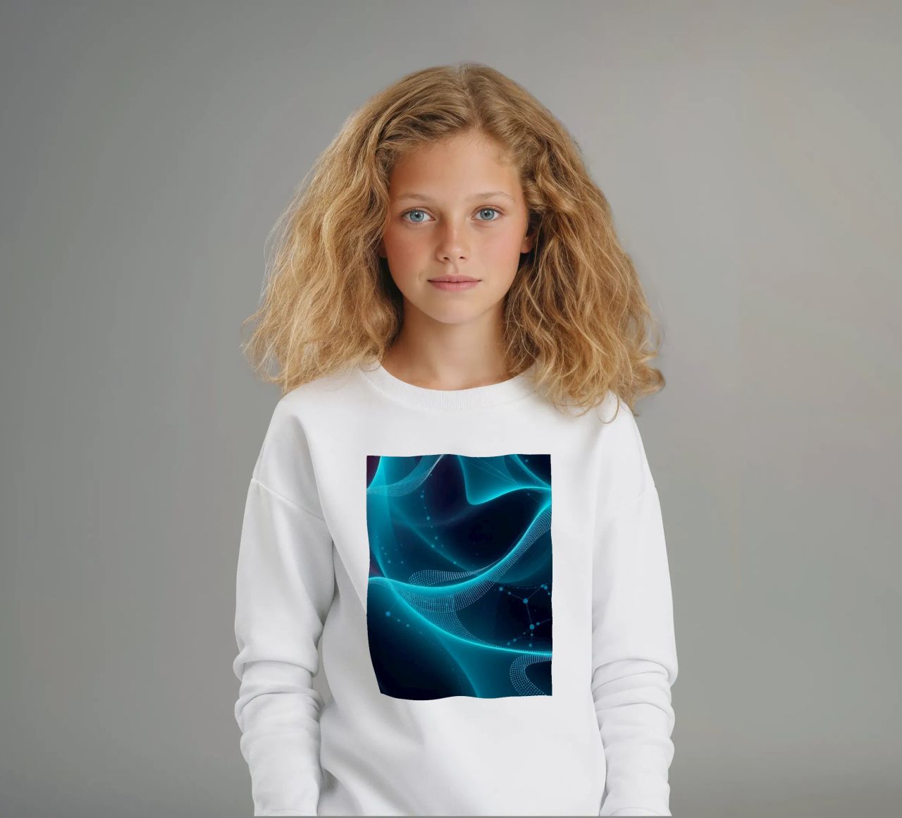 Vibrant digital waves create abstract patterns and depth kids sweatshirt by DesignDoodle