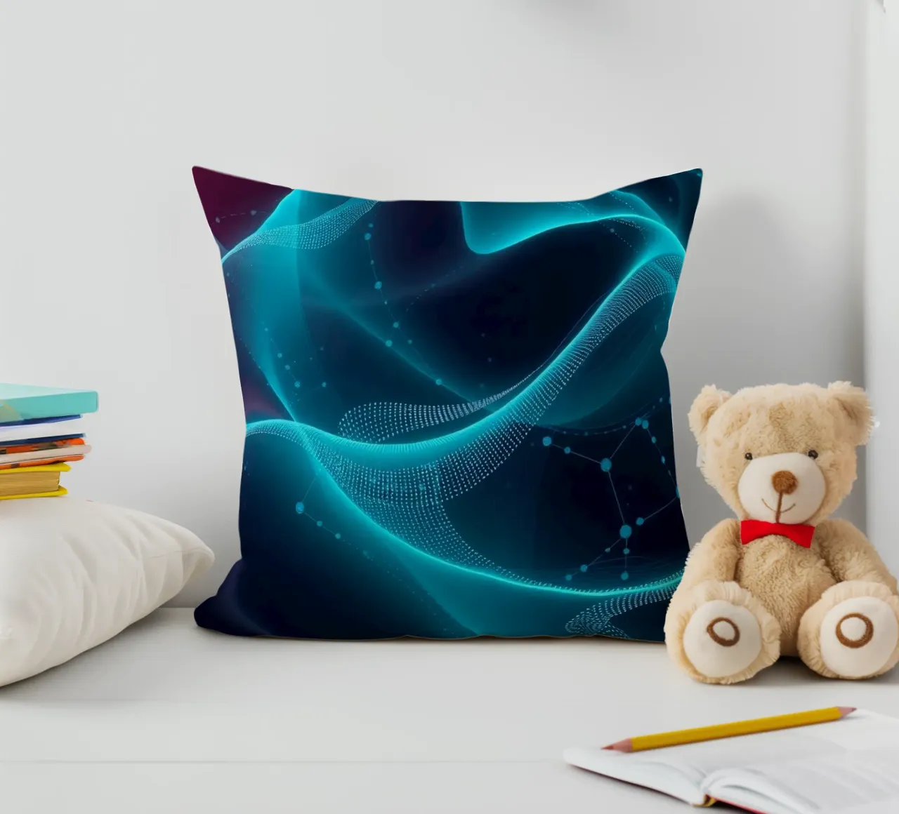 Vibrant digital waves create abstract patterns and depth decorative cushion by DesignDoodle