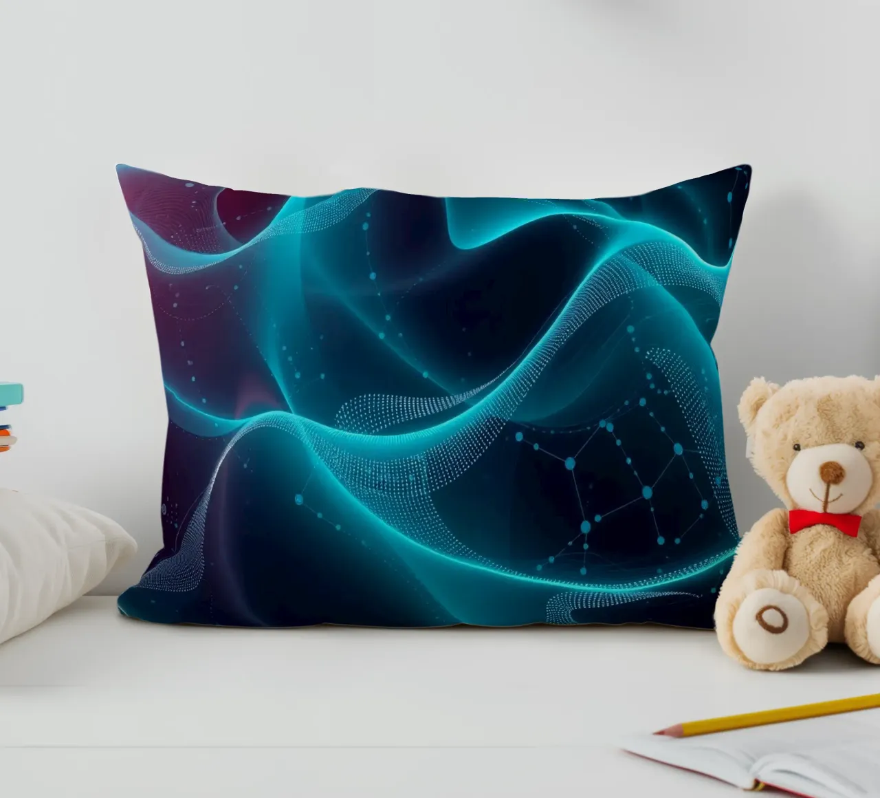 Vibrant digital waves create abstract patterns and depth decorative cushion by DesignDoodle