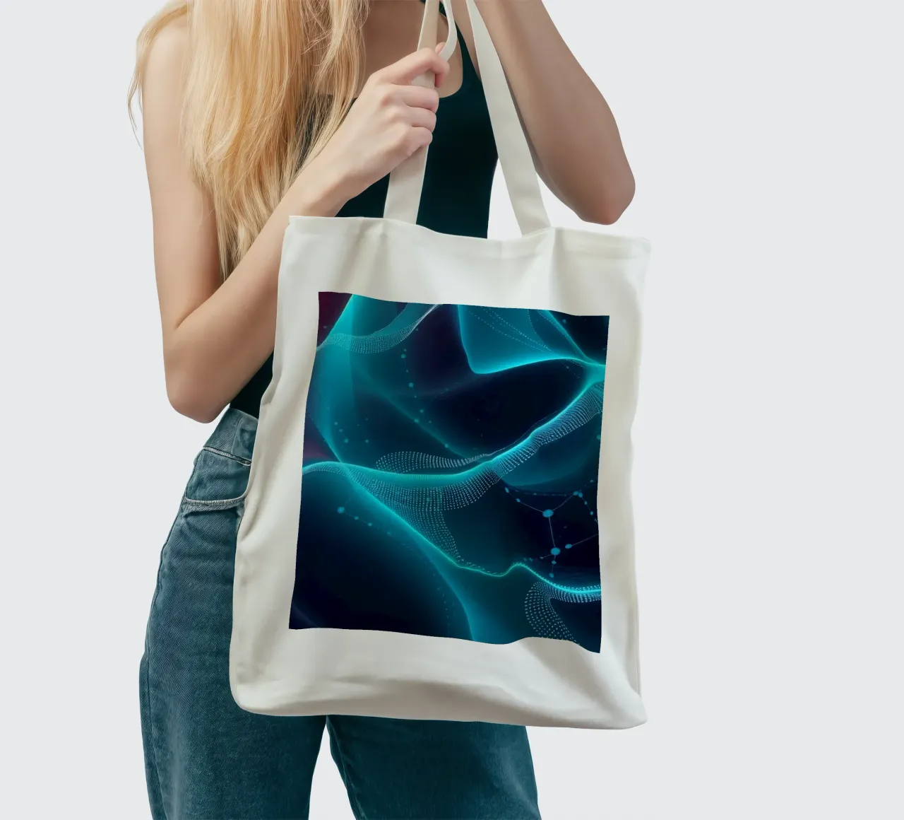 Vibrant digital waves create abstract patterns and depth tote bag by DesignDoodle